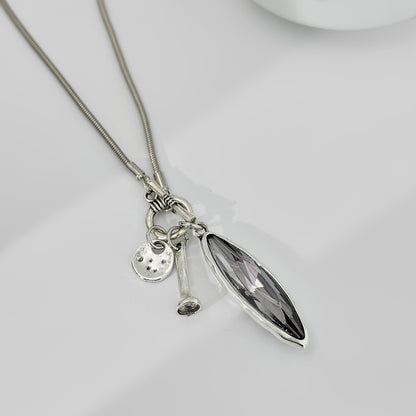Marquise Crystal and Silvetone Pendant Toggle Necklace, botanical inspired, side view