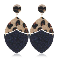 Dark Blue Leopard Gabardine Patchwork Drop Earrings