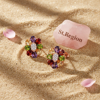 Earth-Tone Crystal and Cubic Zirconia Flower Stud Earrings, cubic zirconia stud earrings for women, detail close-up
