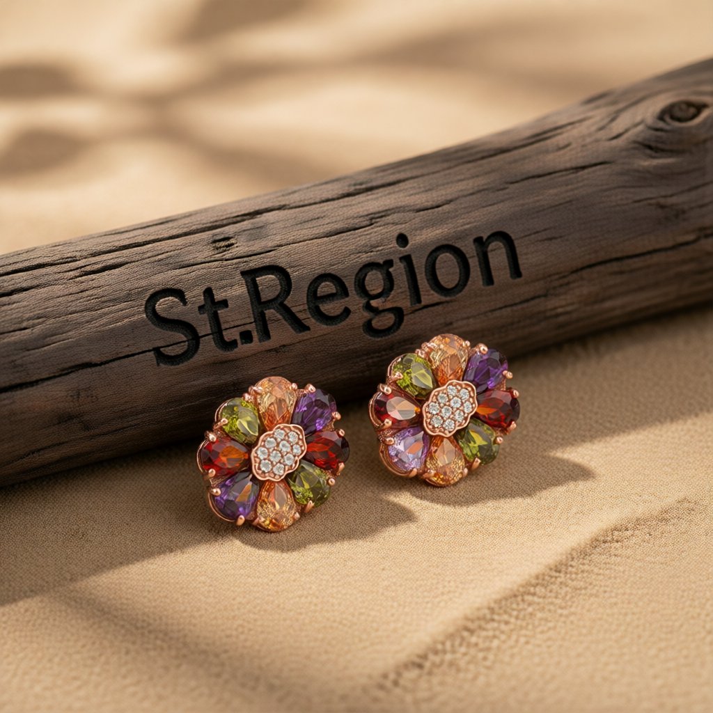 Earth-Tone Crystal and Cubic Zirconia Flower Stud Earrings, cubic zirconia stud earrings for women, front view