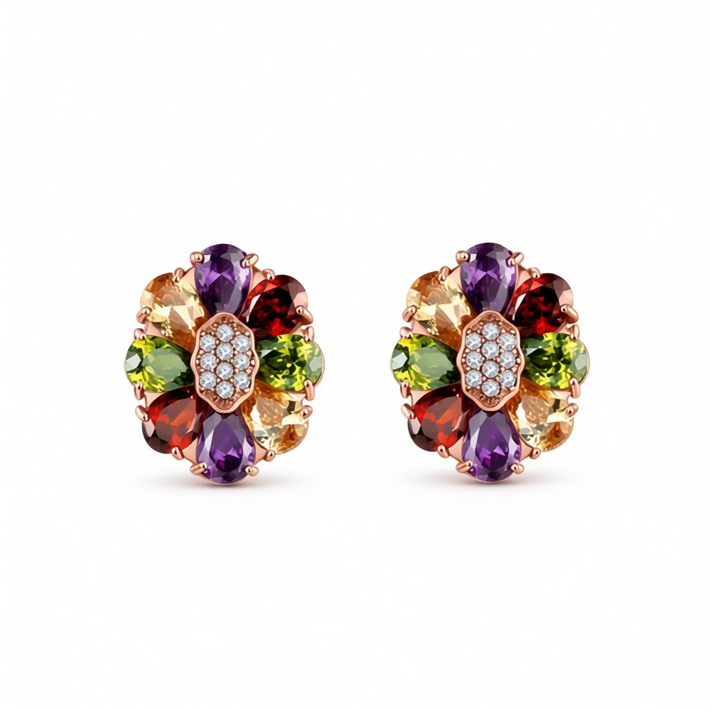 Earth-Tone Crystal and Cubic Zirconia Flower Stud Earrings, cubic zirconia stud earrings for women, everyday style, side view