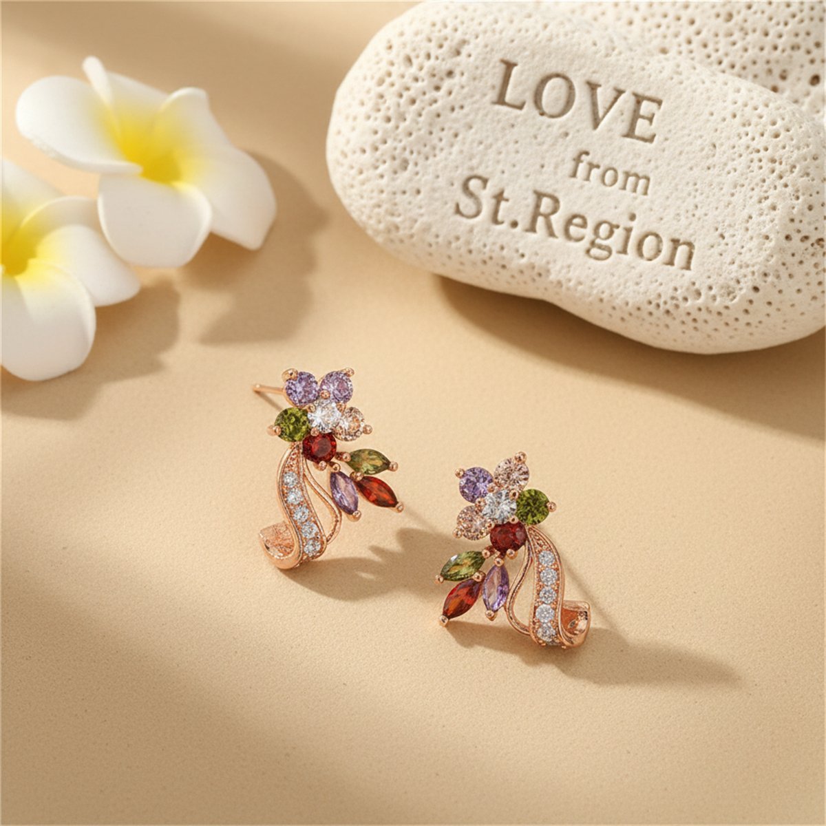 Multicolor Crystal and Cubic Zirconia Pear-Cut Flower Stud Earrings, drop earrings for women, lifestyle look