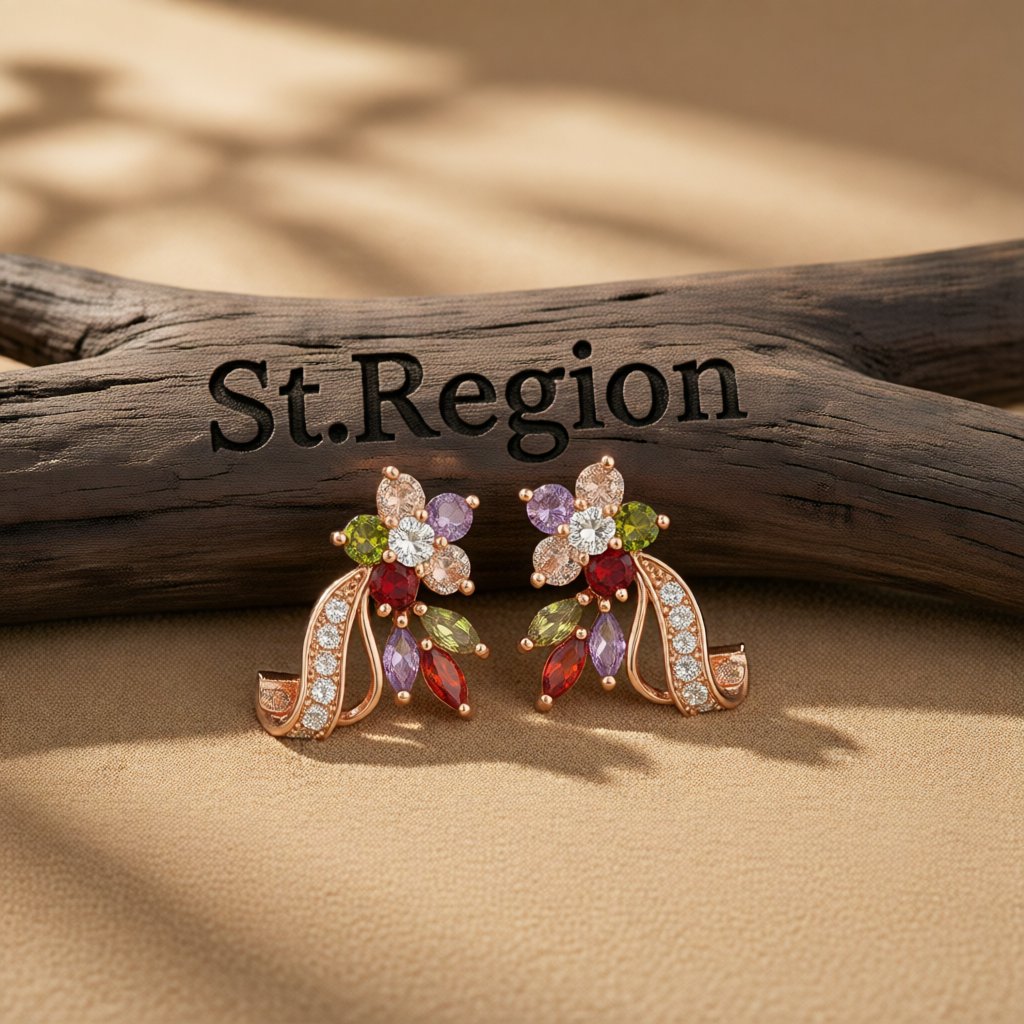 Multicolor Crystal and Cubic Zirconia Pear-Cut Flower Stud Earrings, drop earrings for women, everyday style, front view