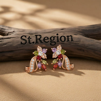 Multicolor Crystal and Cubic Zirconia Pear-Cut Flower Stud Earrings, drop earrings for women, everyday style, front view
