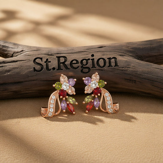 Multicolor Crystal and Cubic Zirconia Pear-Cut Flower Stud Earrings, drop earrings for women, everyday style, front view