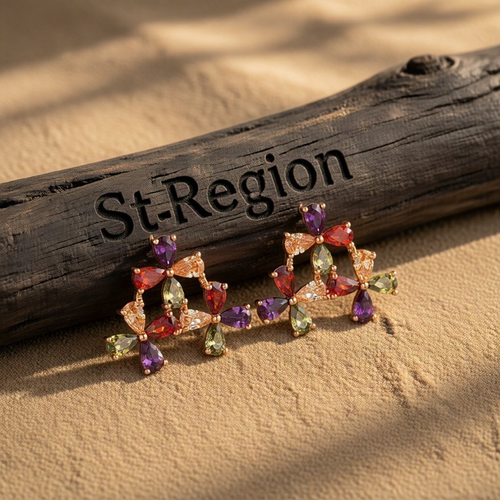 Multicolor Crystal and 18K Rose Gold-Plated Triple Flower Stud Earrings, cubic zirconia stud earrings for women, front view