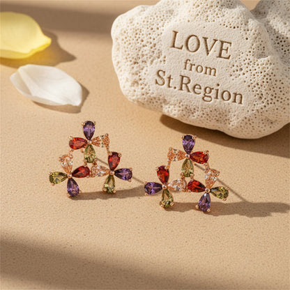 Multicolor Crystal and 18K Rose Gold-Plated Triple Flower Stud Earrings, rose gold stud earrings for women, lifestyle look