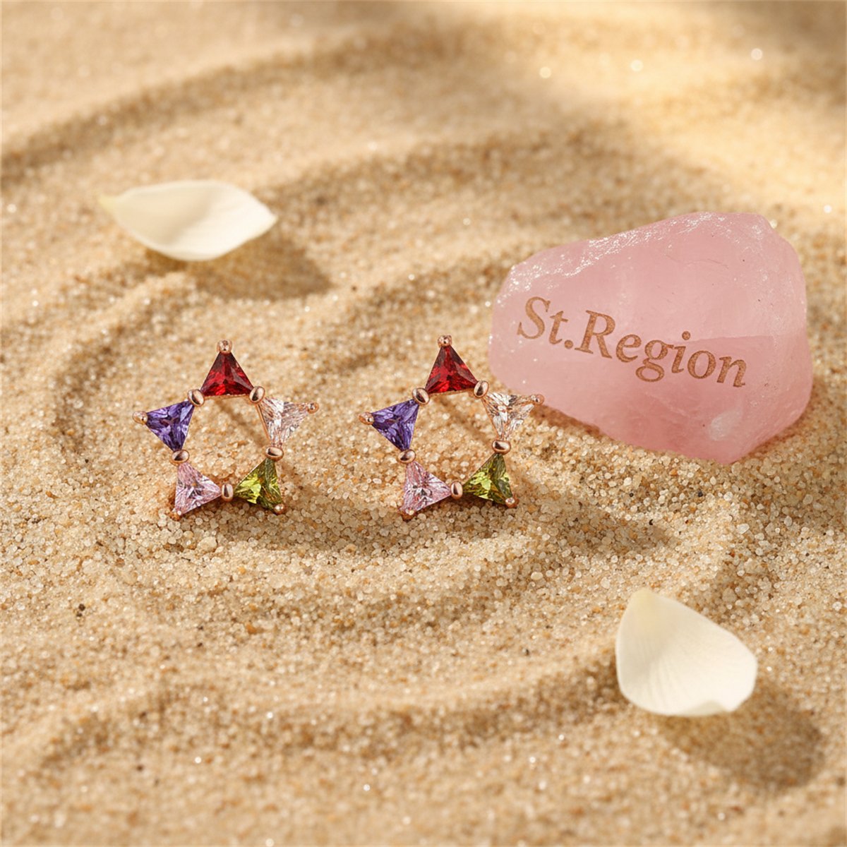 Multicolor Crystal and 18K Rose Gold-Plated Triangle Star Stud Earrings, rose gold stud earrings for women, detail close-up