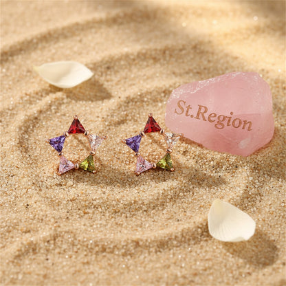 Multicolor Crystal and 18K Rose Gold-Plated Triangle Star Stud Earrings, rose gold stud earrings for women, detail close-up