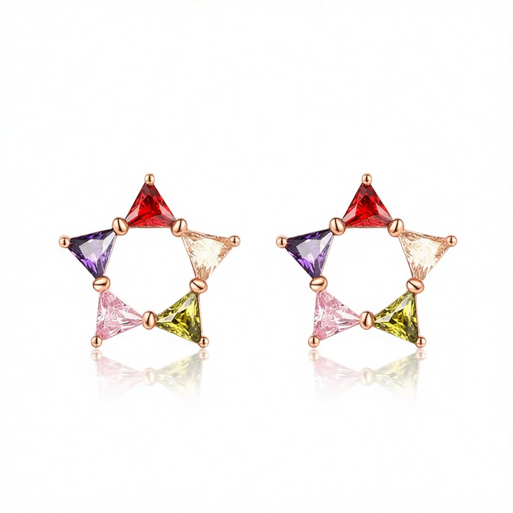Multicolor Crystal and 18K Rose Gold-Plated Triangle Star Stud Earrings, cubic zirconia stud earrings for women, side view