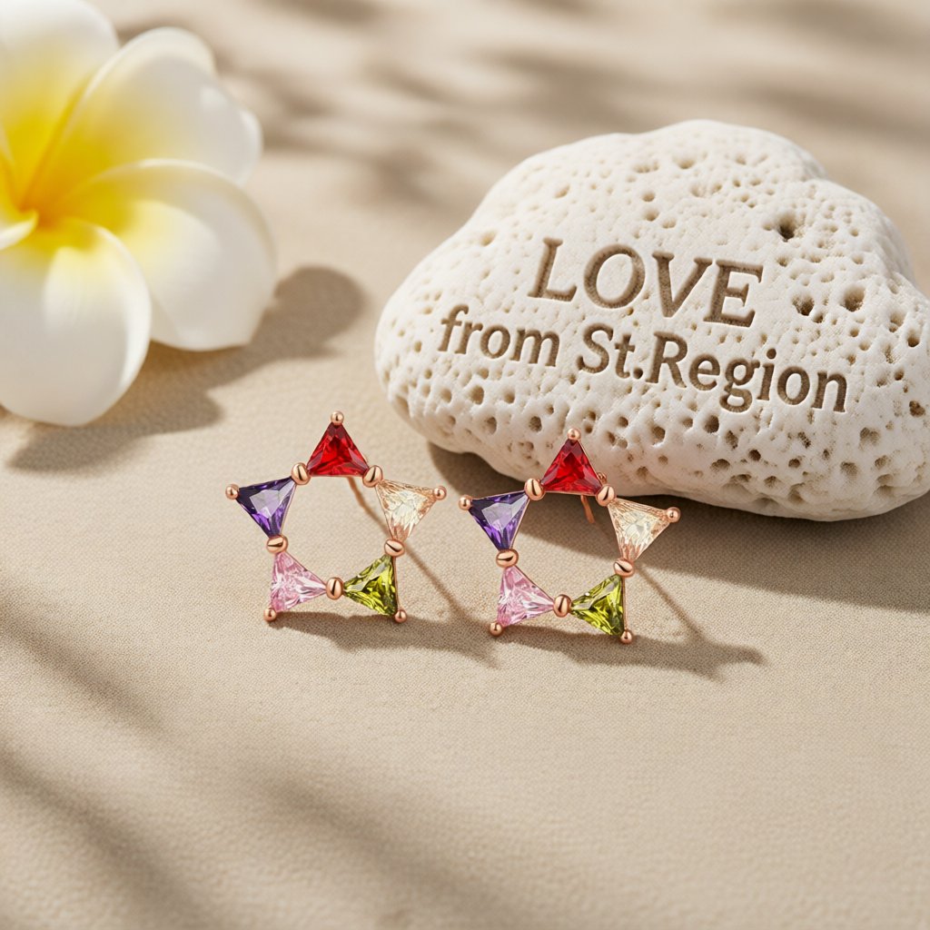 Multicolor Crystal and 18K Rose Gold-Plated Triangle Star Stud Earrings, rose gold stud earrings for women, lifestyle look