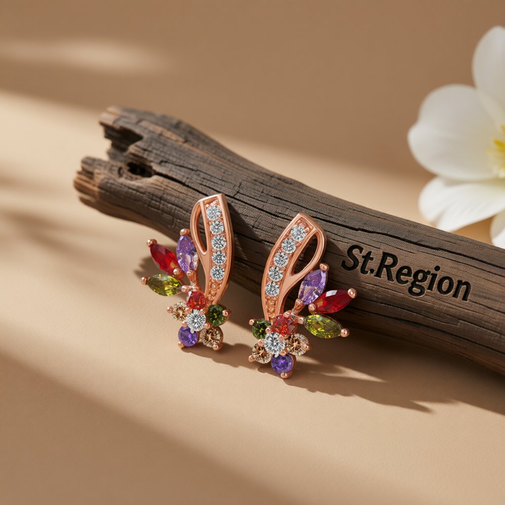 Multicolor Crystal and Cubic Zirconia Clustered Flower Stud Earrings, drop earrings for women, front view