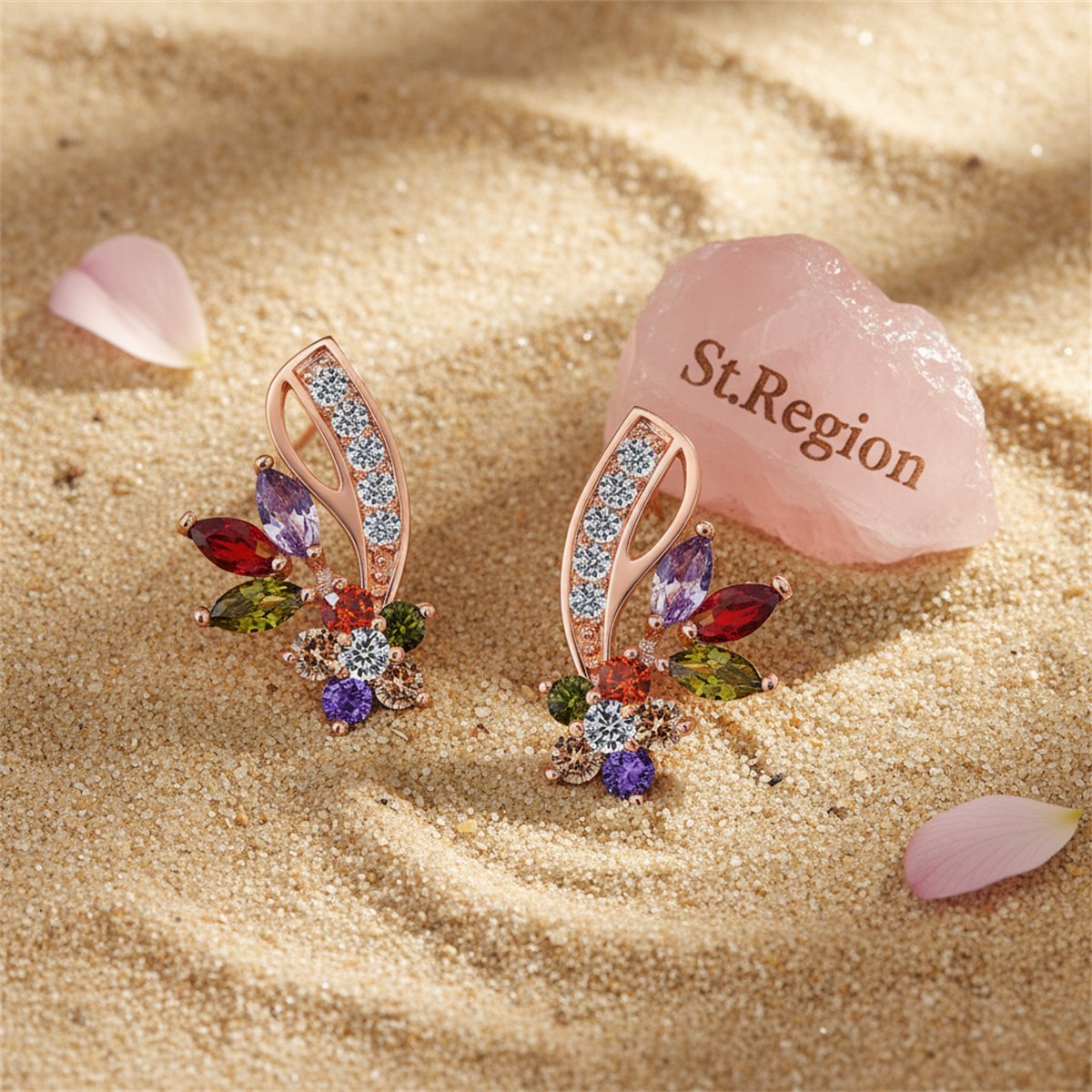 Multicolor Crystal and Cubic Zirconia Clustered Flower Stud Earrings, drop earrings for women, detail close-up