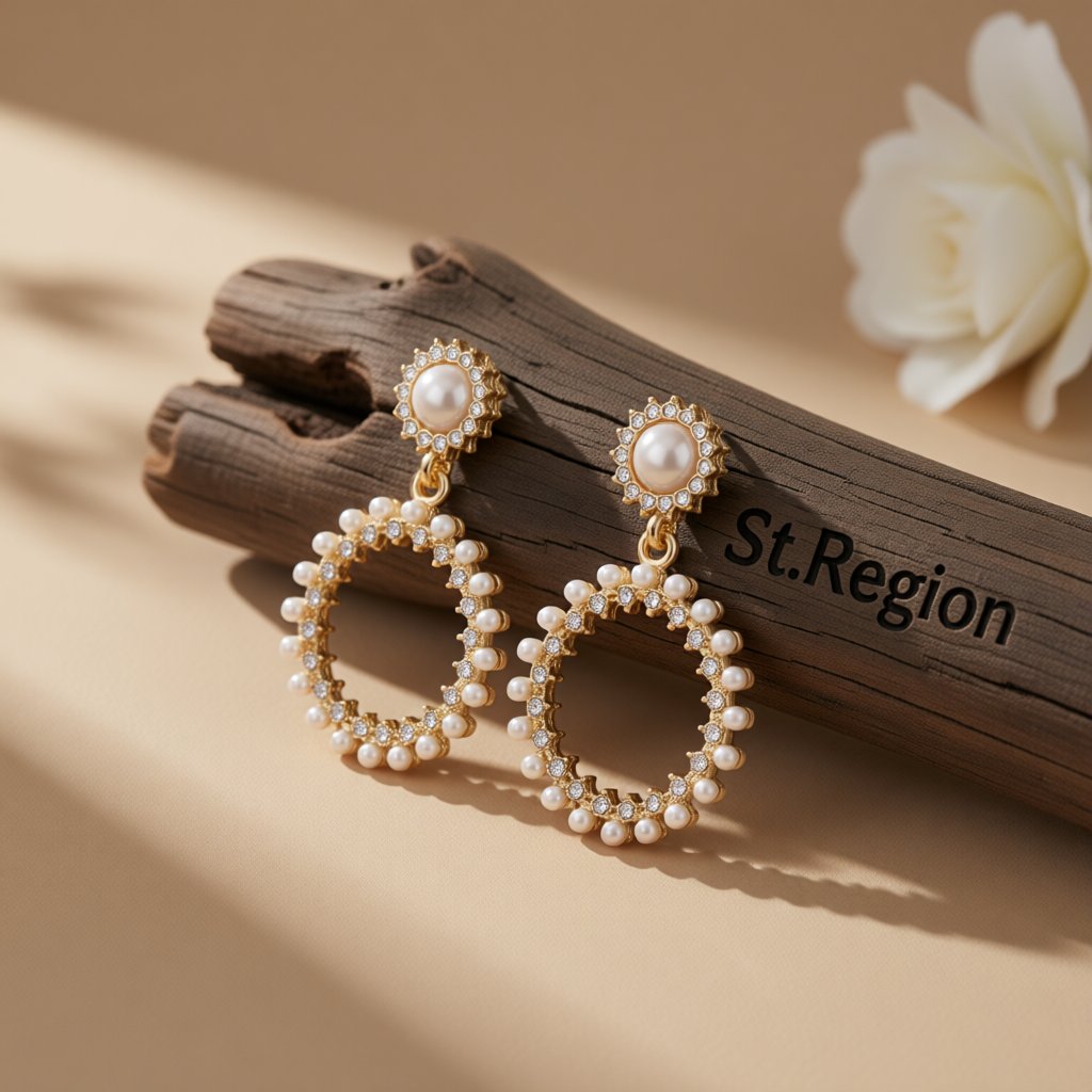 Pearl and Cubic Zirconia 18K Gold-Plated Open Circle Drop Earrings, gold drop earrings for women, front view