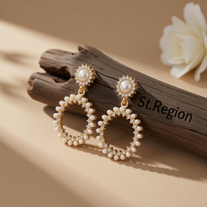 Pearl and Cubic Zirconia 18K Gold-Plated Open Circle Drop Earrings, gold drop earrings for women, front view