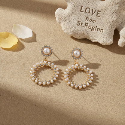 Pearl and Cubic Zirconia 18K Gold-Plated Open Circle Drop Earrings, gold drop earrings for women, lifestyle look