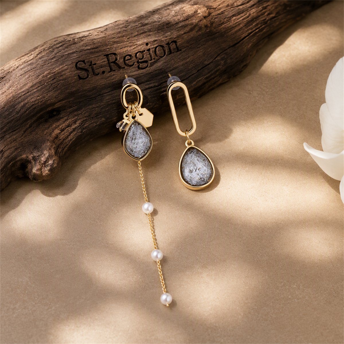 Purple Crystal and Pearl Asymmetrical Drop Earrings, drop earrings for women, dainty minimalist design, front view