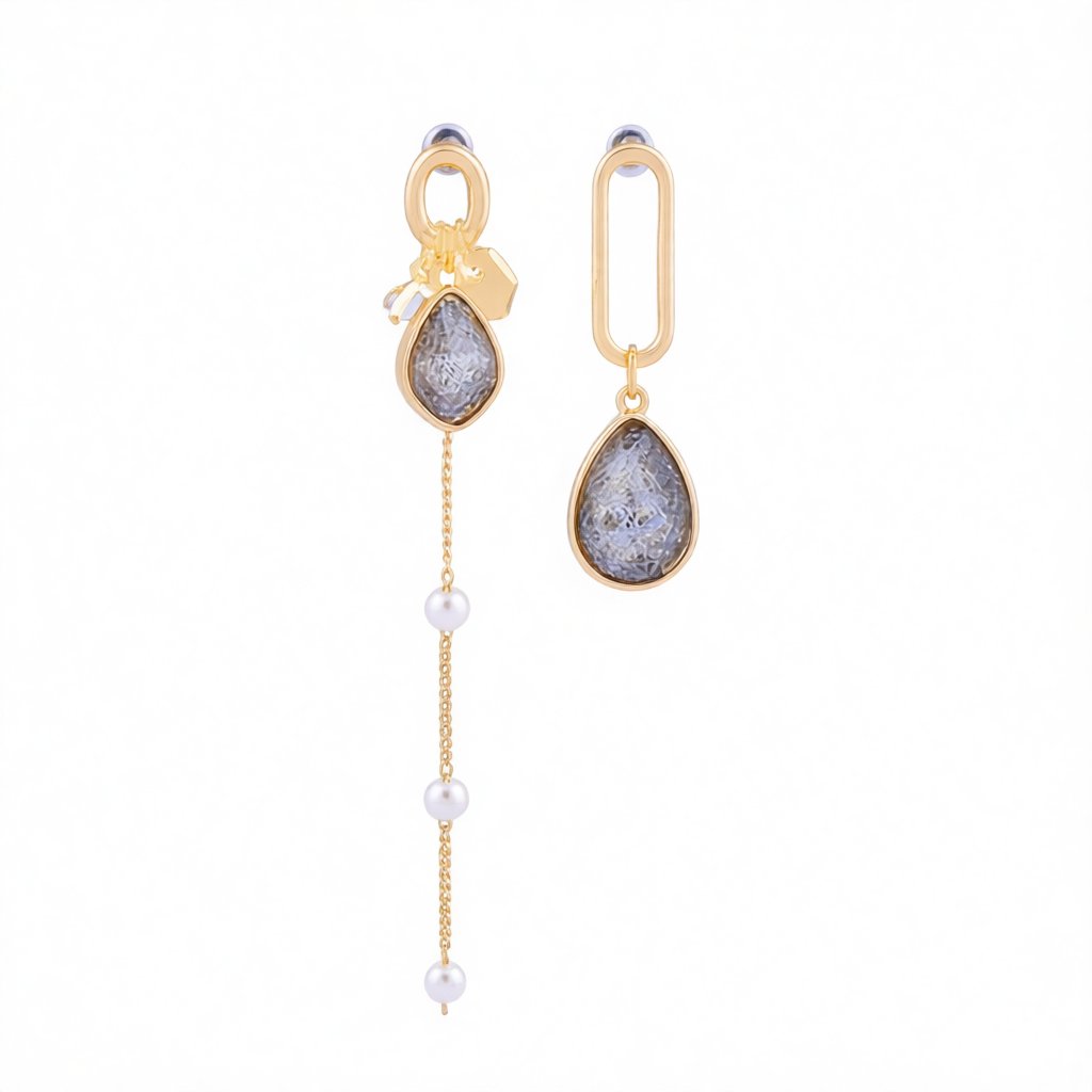 Purple Crystal and Pearl Asymmetrical Drop Earrings, drop earrings for women, dainty minimalist design, side view