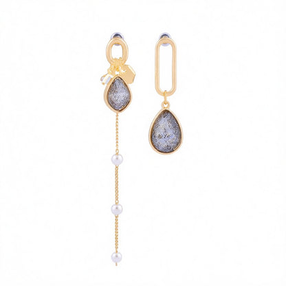 Purple Crystal and Pearl Asymmetrical Drop Earrings, drop earrings for women, dainty minimalist design, side view