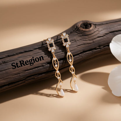 Cubic Zirconia and Pearl 18K Gold-Plated Twist Drop Earrings, gold drop earrings for women, front view