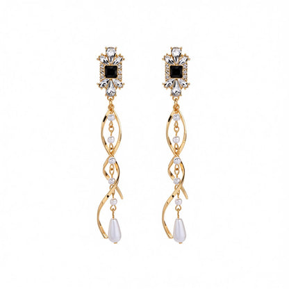 Cubic Zirconia and Pearl 18K Gold-Plated Twist Drop Earrings, gold drop earrings for women, side view