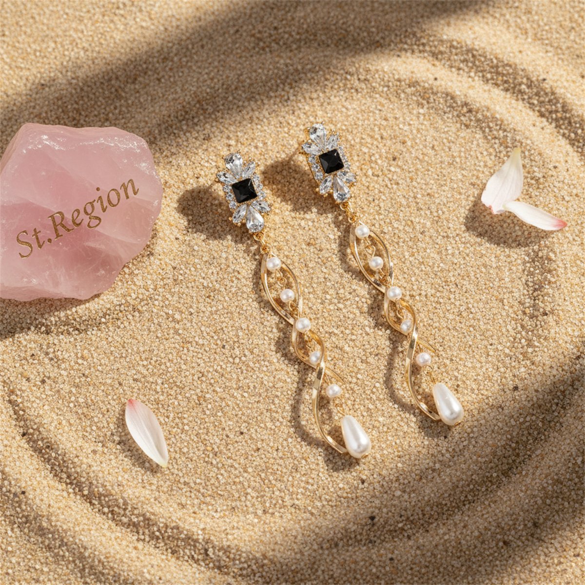 Cubic Zirconia and Pearl 18K Gold-Plated Twist Drop Earrings, gold drop earrings for women, detail close-up