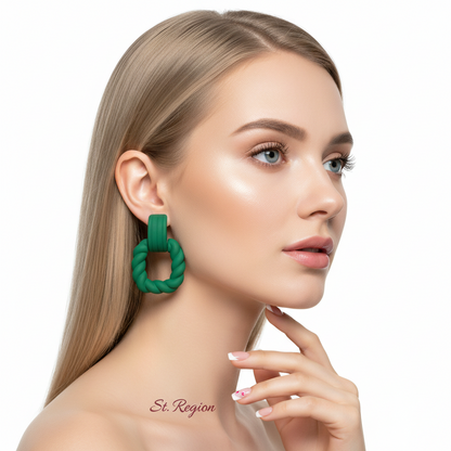 Dark Green Resin & Silver-Plated Twine Square Drop Earrings - Street Region