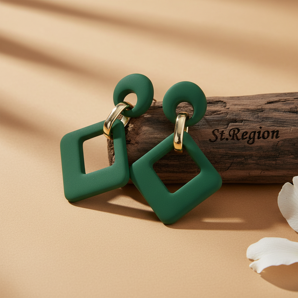 Dark Green Enamel & 18K Gold-Plated Open Rhombus Drop Earrings - Street Region