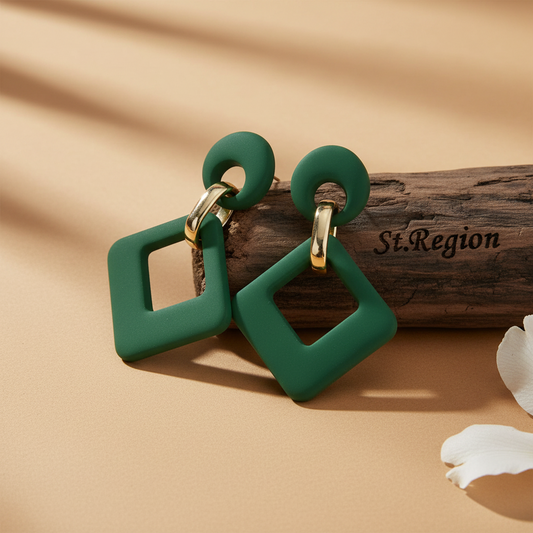 Dark Green Enamel & 18K Gold-Plated Open Rhombus Drop Earrings - Street Region
