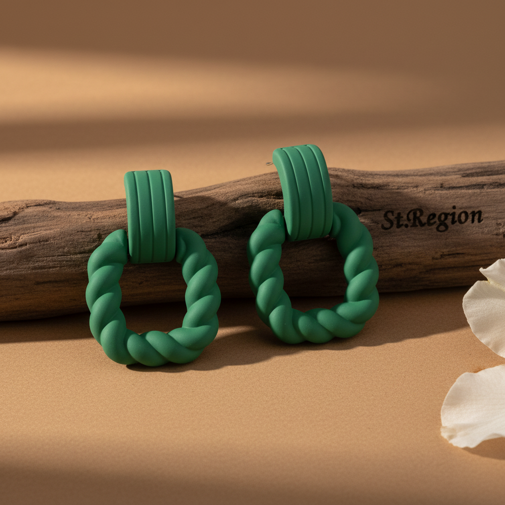 Dark Green Resin & Silver-Plated Twine Square Drop Earrings - Street Region
