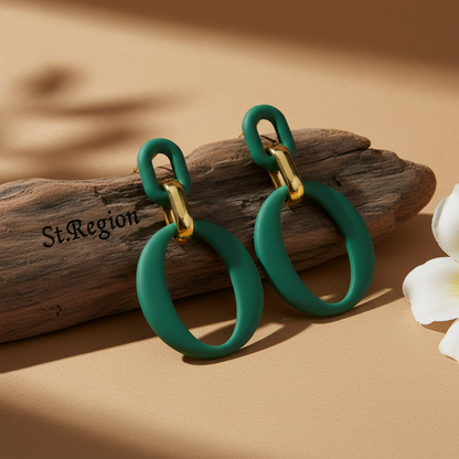 Dark Green Enamel & 18K Gold-Plated Openwork Oval Drop Earrings - Street Region