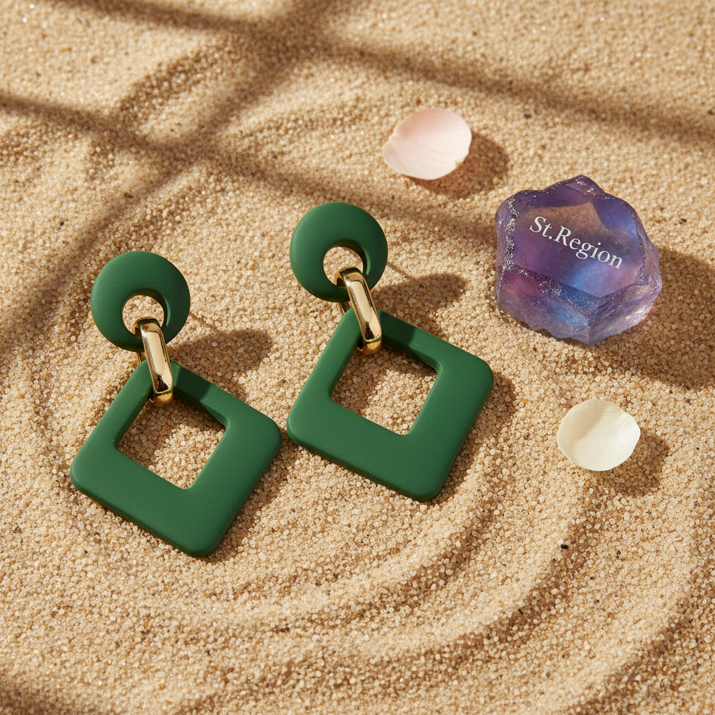 Dark Green Enamel & 18K Gold-Plated Open Rhombus Drop Earrings - Street Region