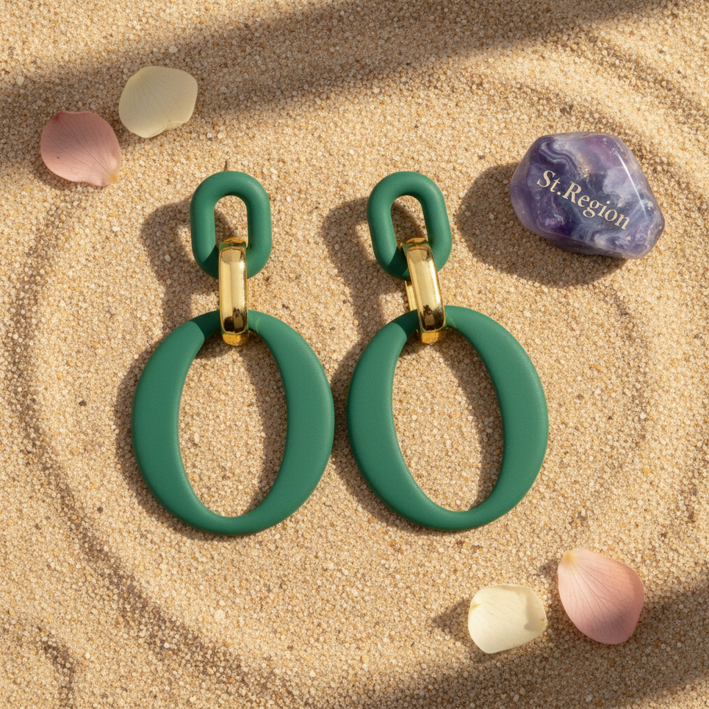 Dark Green Enamel & 18K Gold-Plated Openwork Oval Drop Earrings - Street Region