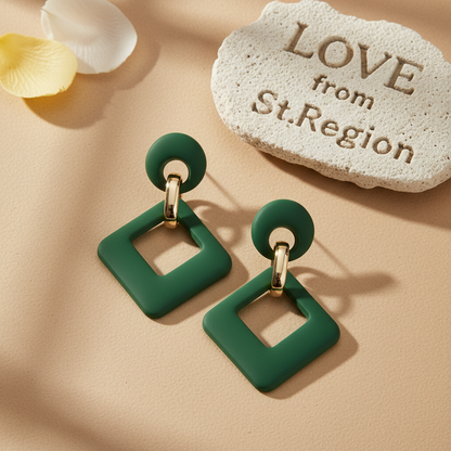 Dark Green Enamel & 18K Gold-Plated Open Rhombus Drop Earrings - Street Region