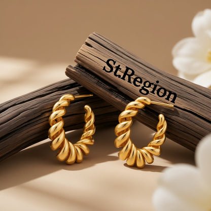 18K Gold-Plated Spiral Hoop Earrings, gold huggie earrings, vintage-inspired design, front view