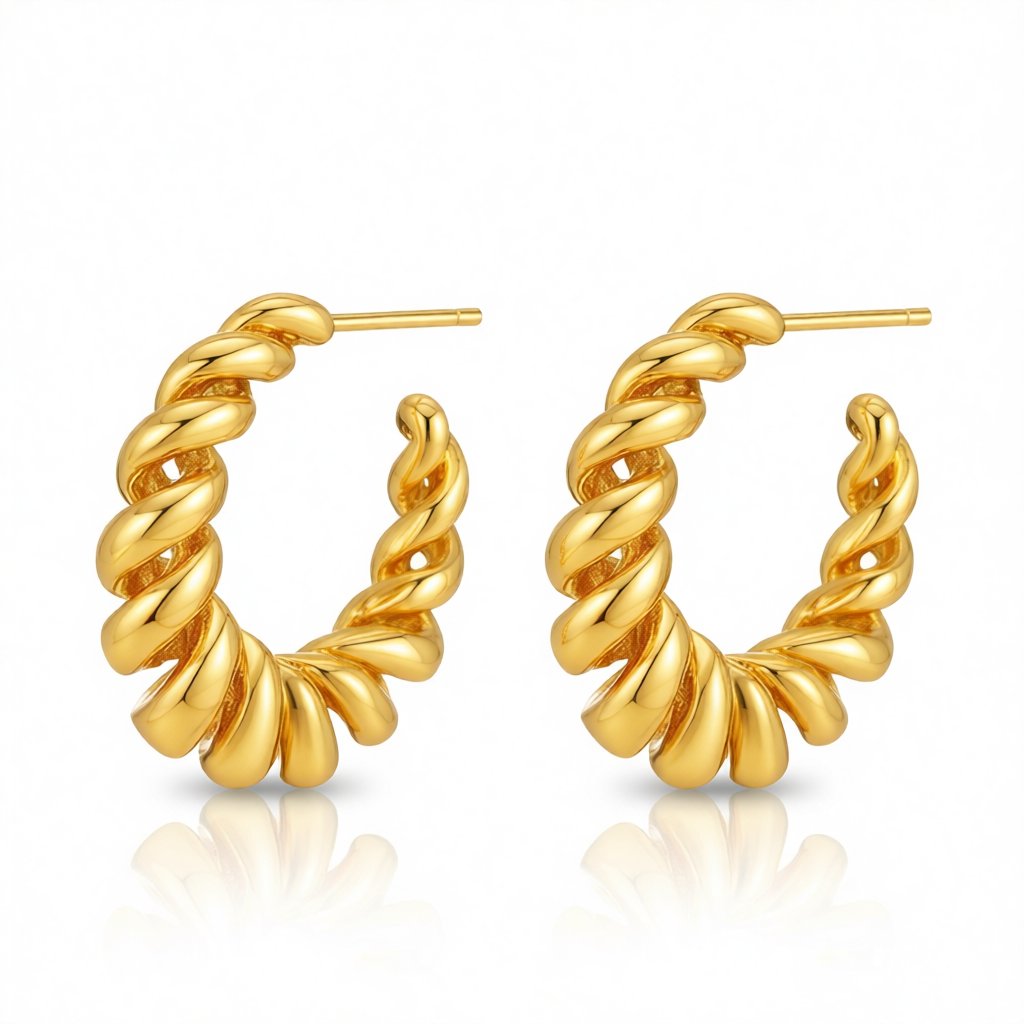 18K Gold-Plated Spiral Hoop Earrings, gold huggie earrings, vintage-inspired design, side view