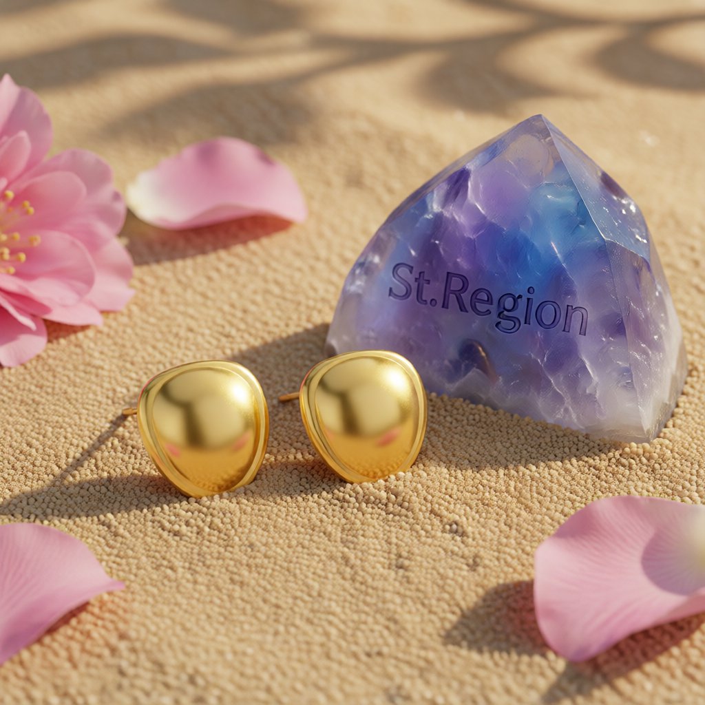 18K Gold-Plated Rounded Stud Earrings, gold stud earrings for women, botanical inspired, detail close-up