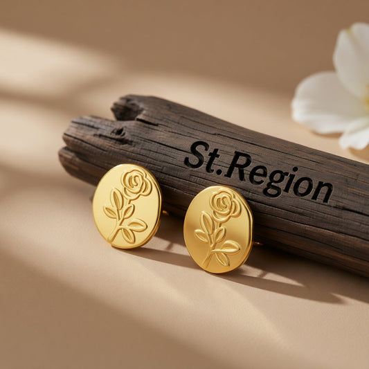 18K Gold-Plated Rose Round Stud Earrings, gold stud earrings for women, vintage-inspired design, front view