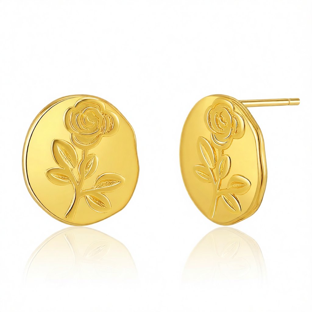 18K Gold-Plated Rose Round Stud Earrings, gold stud earrings for women, vintage-inspired design, side view