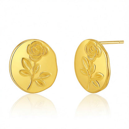 18K Gold-Plated Rose Round Stud Earrings, gold stud earrings for women, vintage-inspired design, side view