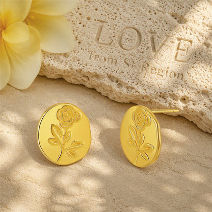 18K Gold-Plated Rose Round Stud Earrings, gold stud earrings for women, vintage-inspired design, lifestyle look
