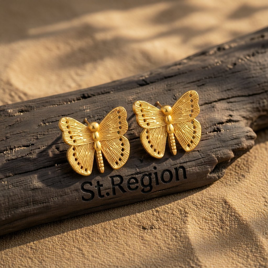 Cubic Zirconia and 18K Gold-Plated Butterfly Stud Earrings, gold stud earrings for women, elegant gift for her, front view