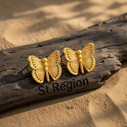 Cubic Zirconia and 18K Gold-Plated Butterfly Stud Earrings, gold stud earrings for women, elegant gift for her, front view