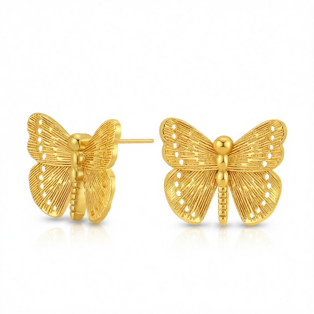 Cubic Zirconia and 18K Gold-Plated Butterfly Stud Earrings, gold stud earrings for women, elegant gift for her, side view