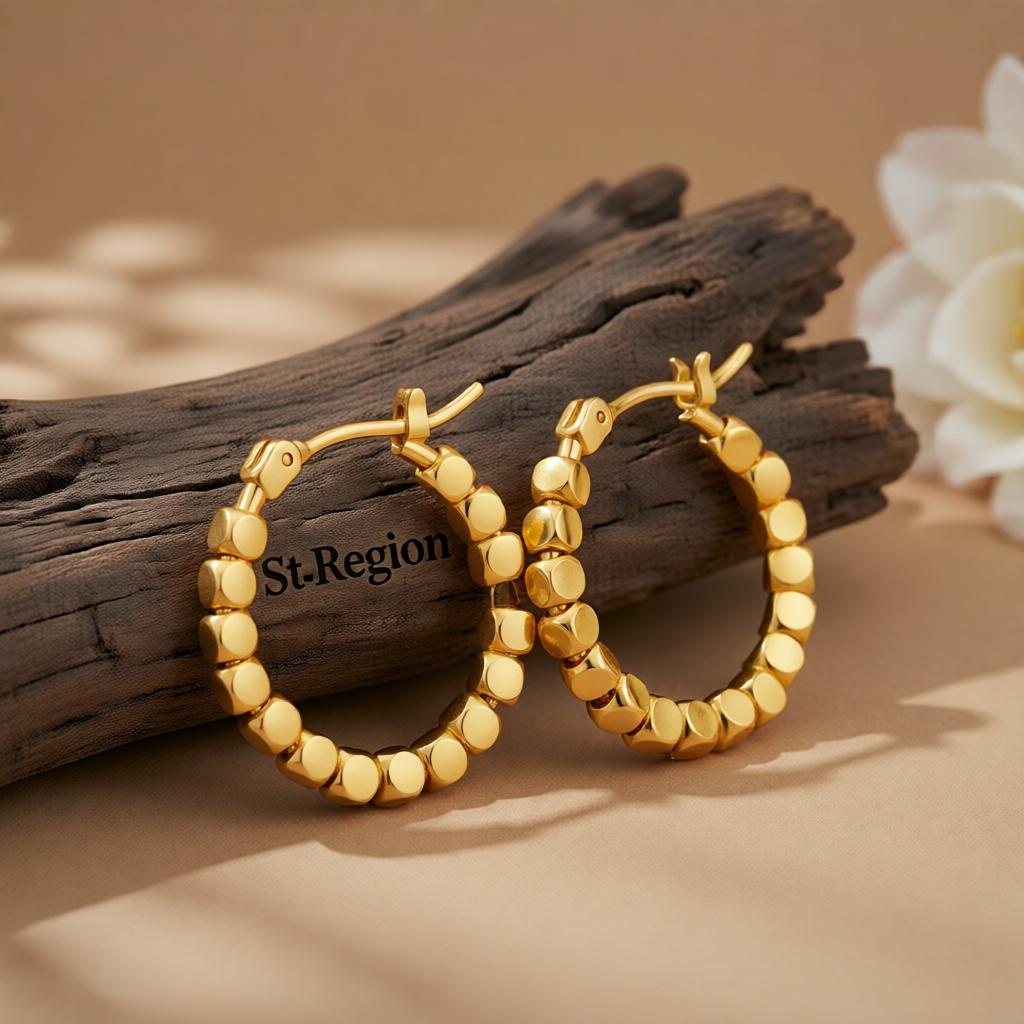 18K Gold-Plated Beaded Hoop Earrings, gold huggie earrings, everyday style, front view