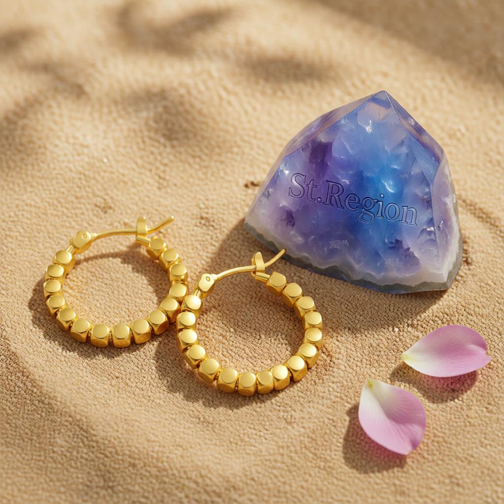 18K Gold-Plated Beaded Hoop Earrings, gold huggie earrings, everyday style, detail close-up