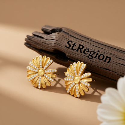 Cubic Zirconia and 18K Gold-Plated Sunflower Stud Earrings, gold stud earrings for women, botanical inspired, front view