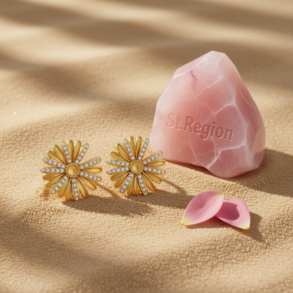 Cubic Zirconia and 18K Gold-Plated Sunflower Stud Earrings, gold stud earrings for women, botanical inspired, detail close-up