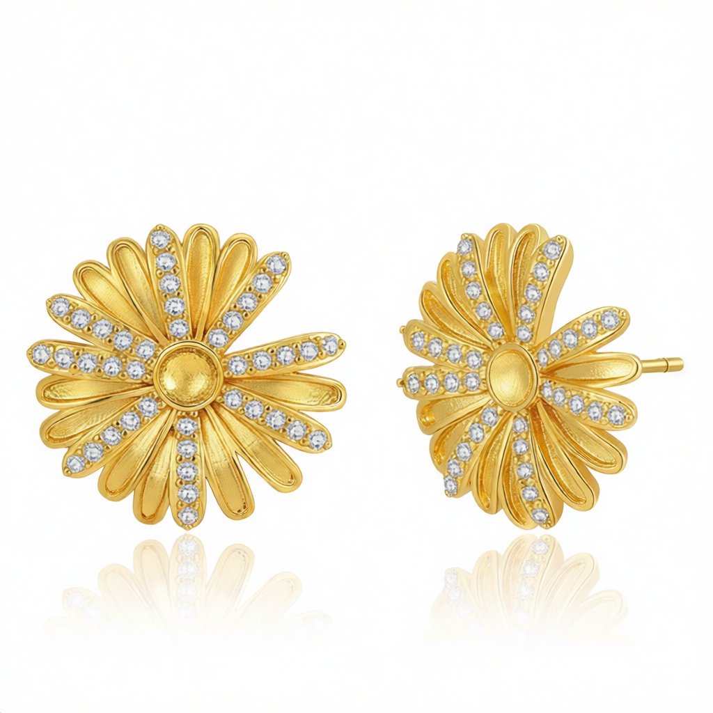 Cubic Zirconia and 18K Gold-Plated Sunflower Stud Earrings, gold stud earrings for women, botanical inspired, side view
