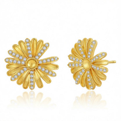 Cubic Zirconia and 18K Gold-Plated Sunflower Stud Earrings, gold stud earrings for women, botanical inspired, side view